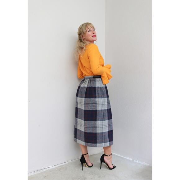 1970's Vintage Plaid Midi Fall Wool Skirt ~ Women's XS SM ~ 26" to 27" Waist 70s - Picture 4 of 9